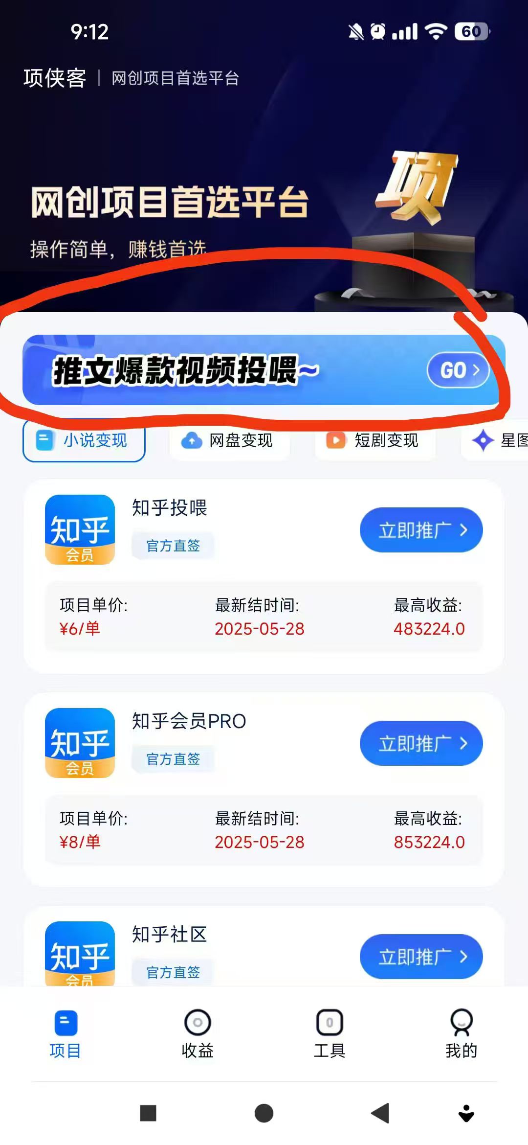 项侠客，超级简单，开通小说推文投喂，平台提供原创视频下载转发即可。